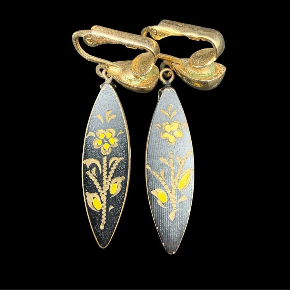 Vintage Black Gold Damascene Spanish Floral Drop Earrings